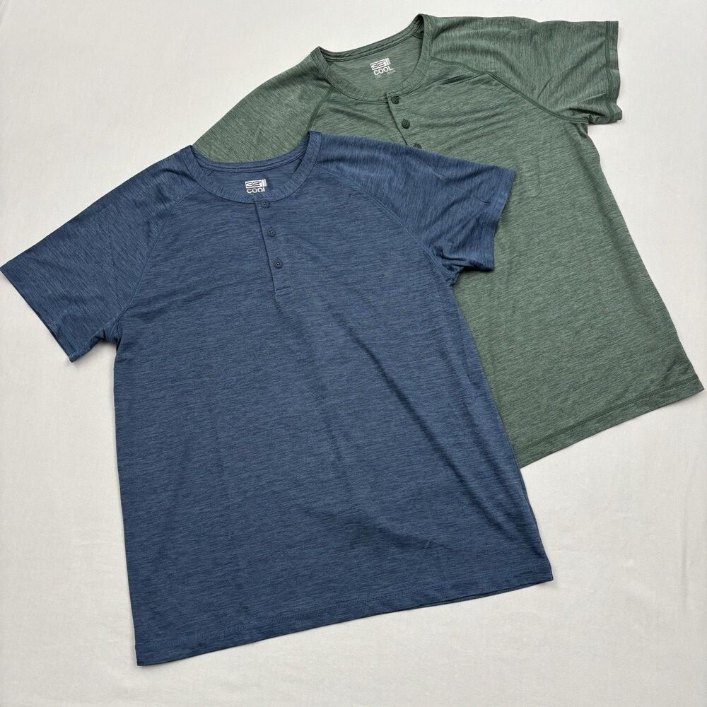 Lot Of 2 Shirt Mens Large Blue Green Short Sleeve Performance Tee Workout Gym